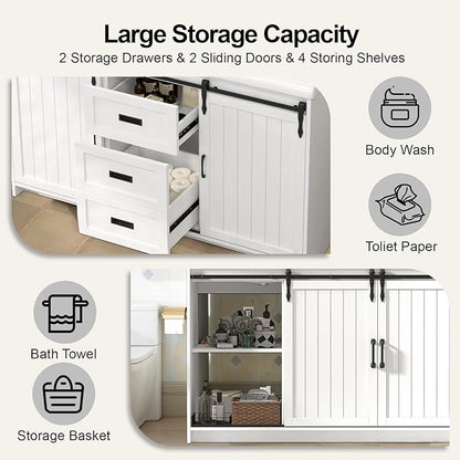 47 inch Bathroom Sink Vanity Combo, Large Freestanding Double Bath Vanity Sink Set with 2 Drawers & 2 Sliding Doors,Dual Basin Bathroom Storage Cabinet,Grey