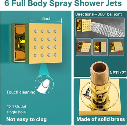 HOMEDEC LED Thermostatic Shower System with 6 Body Jets, 14x20" Shower Head | 3 Spray Modes: Rainfall, Mist and Waterfall; Up/Down Shower Spout; Handheld Shower; 6-Way Solid Brass Valve; Gold Finish