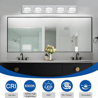 IZORRO LED Modern Bathroom Lights Fixtures(5-Light,Dimmable),Chrome Acrylic Wall Lighting,Vanity Lights for Bathroom Over Mirror - 6000k 30In （No Assembly Required）