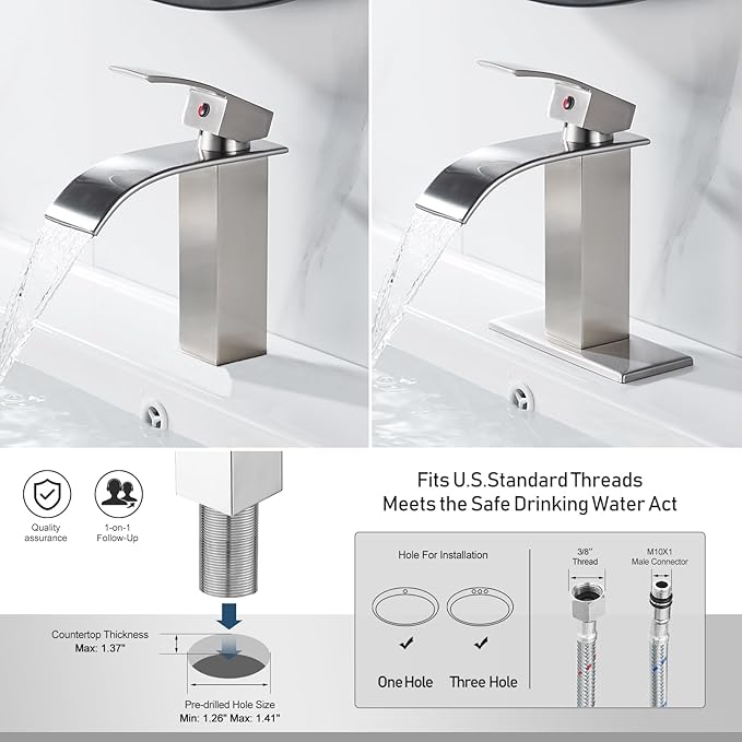 Waterfall Single Handle Bathroom Vanity Sink Faucet with Metal Pop-up Drain, Brushed Nickel Finish