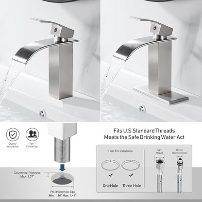 Waterfall Single Handle Bathroom Vanity Sink Faucet with Metal Pop-up Drain, Brushed Nickel Finish