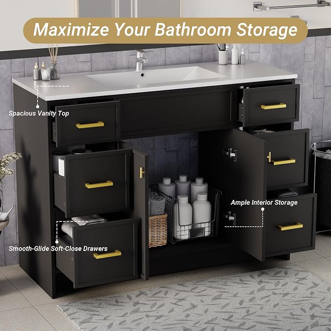 48 Inch Freestanding Bathroom Vanity with Sink, Shaker Style Black Double Sink Cabinet with 6 Drawers & Double Doors, Waterproof Lacquer Finish, Large Storage for Master Bathroom & Family Home