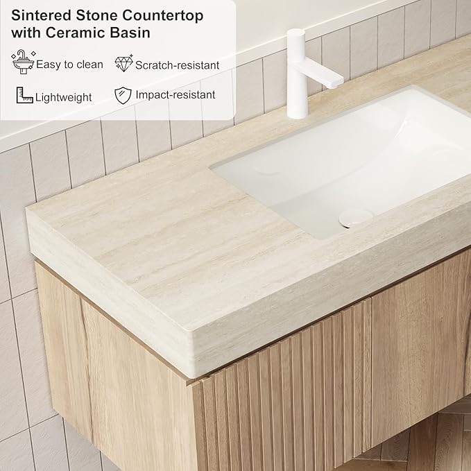 Ambrovina 48 inch Bathroom Vanity with Sink, Wall Mounted Bathroom Vanities with Drawer and 2 Doors, Roma Travertine-Pattern Countertop and Ceramic Basin, Pre-Assembled, Light Wooden Color