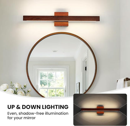 Bathroom Vanity Light 24 Inch Brown Wood Finish Bathroom Light Fixture Over Mirror with Up & Down Lighting 20W Dimmable 5CCT LED Vanity Lighting Fixture Bar for Restroom Bedroom