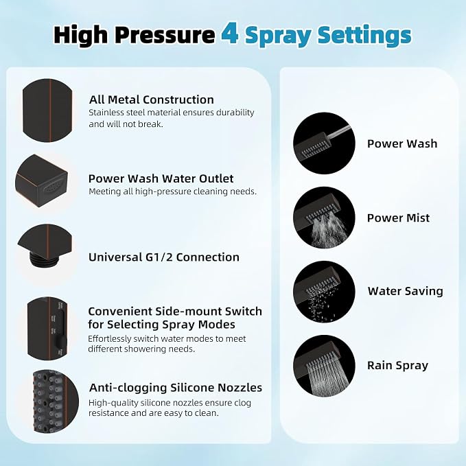 Hibbent 10'' Rainfall Shower Head with 4-Spray Handheld, Oil Rubbed Bronze | cUPC Certified High Pressure Showerhead Combo, 12'' Adjustable Extension Arm, Extension Bar, Easy Reach Holder, 71'' Hose