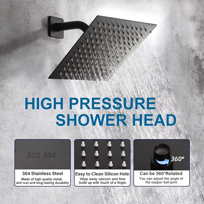 Black Shower System Bathroom Rainfall Shower Faucet Set Complete Wall Mounted 8 Inch Shower Head and Handle Set with Rough-in Valve Body and Trim Kit