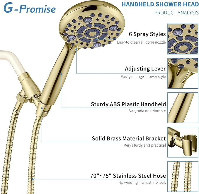 G-Promise High Pressure 6 Mode Hand Held Shower Head with Extra Long Hose | High Pressure, 6 Spray Mode, Easy Install, Adjustable Angle, Extra Long Hose, Modern Upgrade