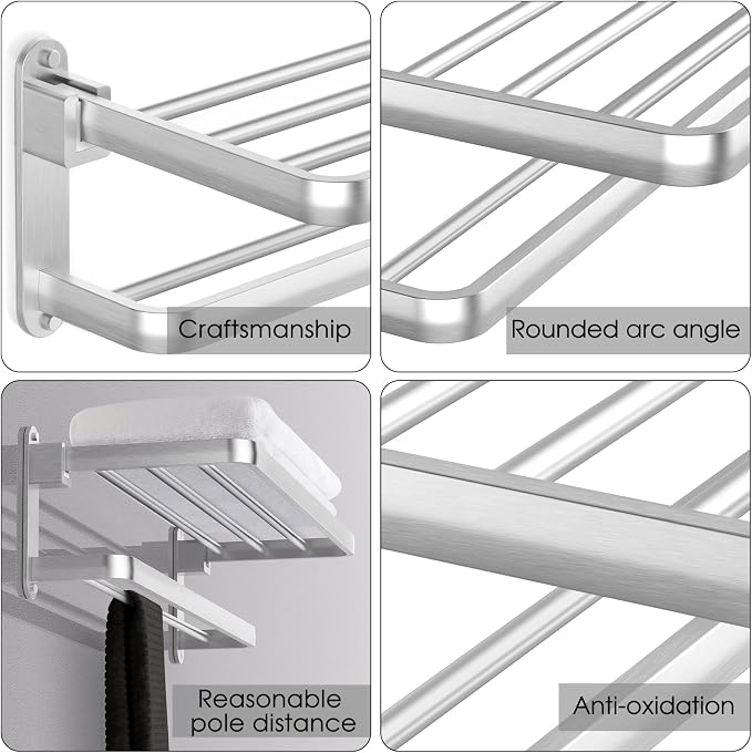 BOZWELL Bathroom Lavatory Towel Rack with Two Towel Bars,Brushed Satin Nickel 16-Inch Towel Shelf with Towel Bar,Towel Holder 1011-BSN-40 (Brushed Satin Nickel Finish)