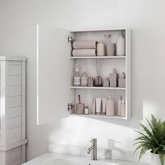 Panana Bathroom Cabinet Medicine Cabinets with Single Mirrored Door Wall Mounted Cabinet with Mirror, Storage Shelf with Adjustable Shelves Storage Organizer Kitchen Cupboard (White, 19.7x27.6 inch)