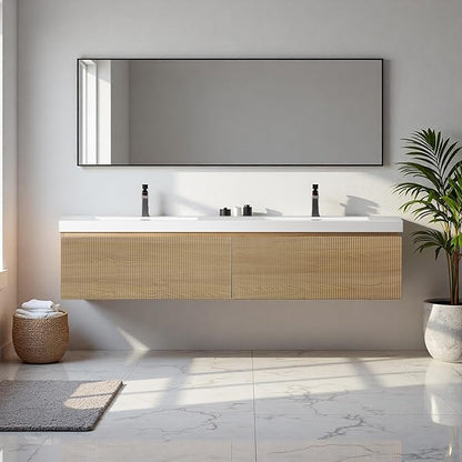 72'' Floating Bathroom Vanity with Sink, Wall-Mounted Bathroom Storage Cabinet with 2 Soft-Close Striped Drawers & Double Solid Surface Basins, Natural Oak Body with Internal Handle, Wood