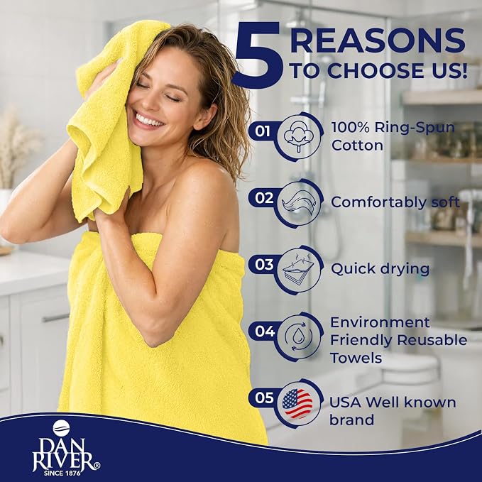 DAN River 8 Piece Luxury Bath Towels for Bathroom, Towel Set, Yellow | 2 Bath towels, 2 Hand towels, and 4 Wash Cloths, 600 GSM 100% Ring Spun Cotton, Highly Absorbent, Gym, Hotel, guest, and Spa