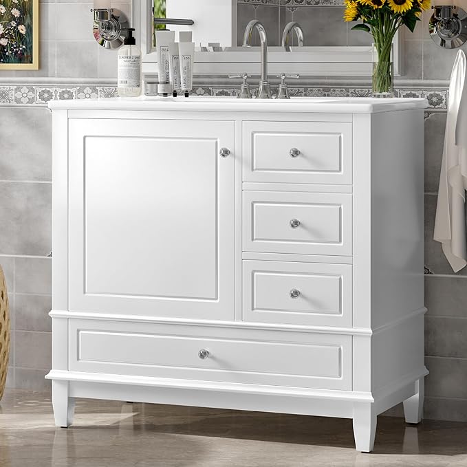 36" Vanity with Sink, Bathroom Vanities 36 Inch with Sink, Single Sink Bathroom Vanity with Door Shelf and Three Drawers, Restroom Vanity with Sink Top (White)