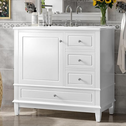 36" Vanity with Sink, Bathroom Vanities 36 Inch with Sink, Single Sink Bathroom Vanity with Door Shelf and Three Drawers, Restroom Vanity with Sink Top (White)