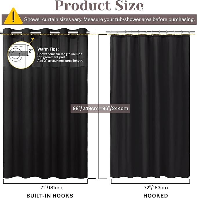 SORTTO No Hook Slub Shower Curtain with Liner, 71x98, Black | Snap in Liner, 3 in 1, Bamboo Texture, Hotel Style, Waterproof Fabric, Mesh Top Window, Corner Magnets, Machine Washable