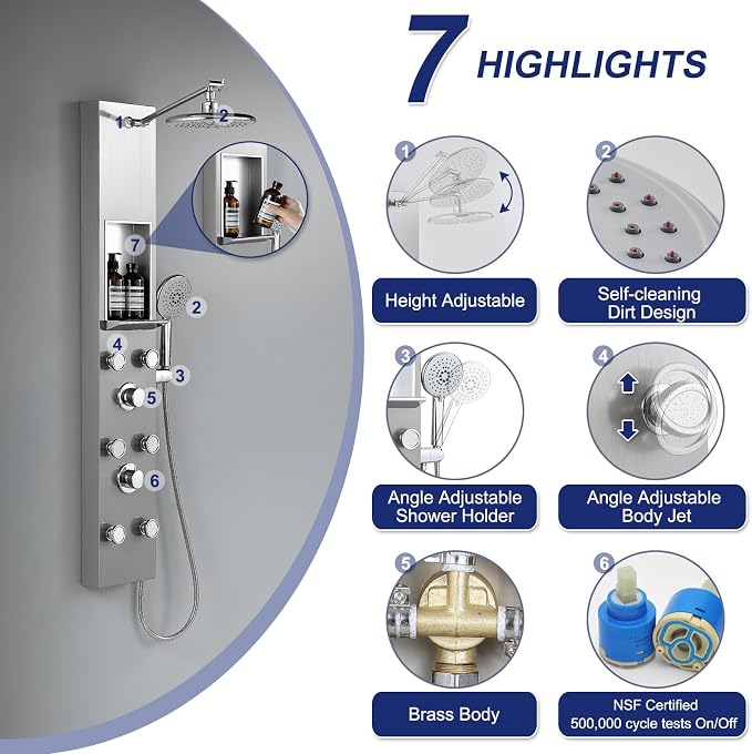 ROVATE Shower Panel Tower System with Shelf & 6 Body Jets, Brushed Finish | Stainless Steel Shower Column with Height Adjustable Shower Arm, Self-Cleaning Rainfall Showerhead & Handheld
