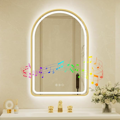 22x32 Inch Arched Gold Framed LED Bathroom Mirror with Lights, Built-in Bluetooth Speaker,Tempered Glass,Dimmable Lighted Bathroom Vanity Mirror with 3 Colors, Backlit + Frontlit, Memory, Anti-Fog