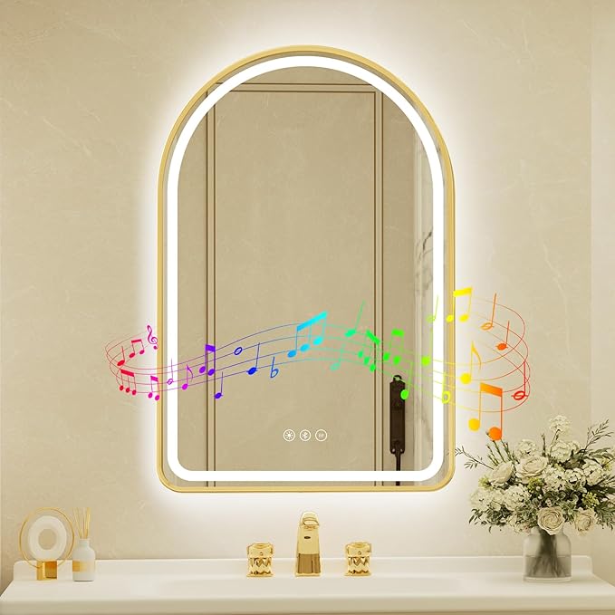24x36 Inch Arched Gold Framed LED Bathroom Mirror with Lights, Built-in Bluetooth Speaker,Tempered Glass,Dimmable Lighted Bathroom Vanity Mirror with 3 Colors, Backlit + Frontlit, Memory, Anti-Fog