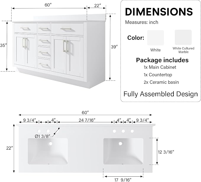 60-Inch Bathroom Vanity with Double Sinks W/ 4 Doors & 4 Drawers & 2 Flip Drawers, White Vanity W/Brushed Nickel Handles