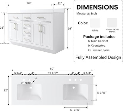 60-Inch Bathroom Vanity with Double Sinks W/ 4 Doors & 4 Drawers & 2 Flip Drawers, White Vanity W/Brushed Nickel Handles