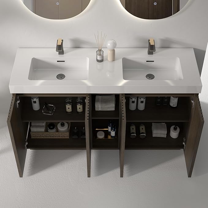60" Bathroom Vanity with Double Sink, Freestanding Double Sink Bathroom Vanity with White Engineered Stone Top, Open Storage Cabinet & Adjustable Shelf, 4 Soft-Closing Doors, Smoked Oak Brown