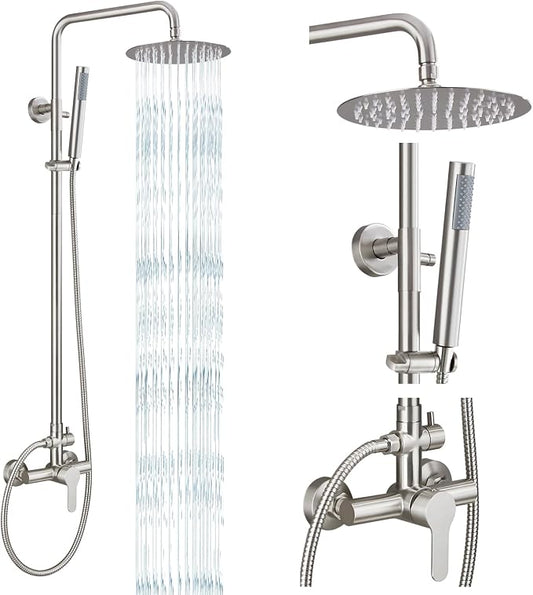 gotonovo Outdoor Shower Kit 304 Stainless Steel, Brushed Nickel, 8 Inch | Rain Outdoor Shower Head and Handle Set Fixture System Faucet, Exposed Wall Mounted, for Outside Yard Pool Seaside/Indoor