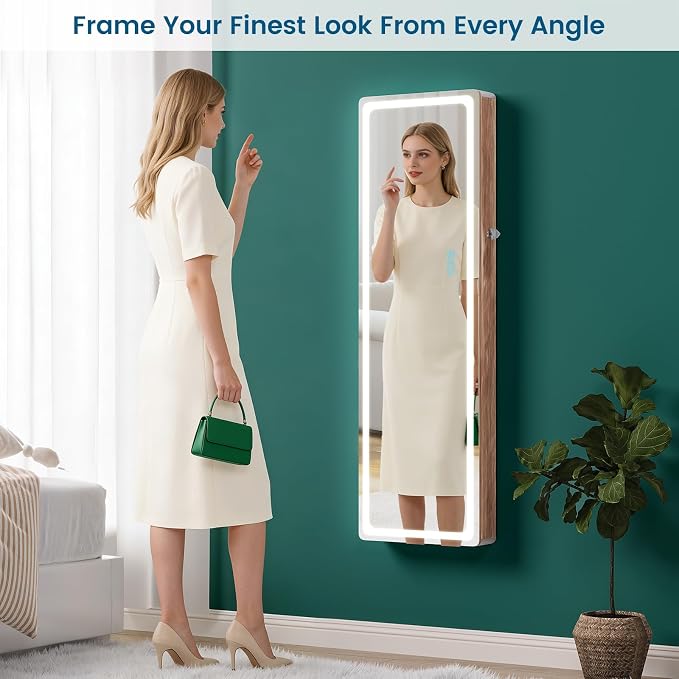 HNEBC Full Length Mirror with Storage, Wall Mounted Jewelry Cabinet with RGB Lights & Remote, Lockable Over Door Jewelry Organizer with Drawer, Foldout Makeup Tray 47.2" Hx14.5 Wx3.9 D, Natural