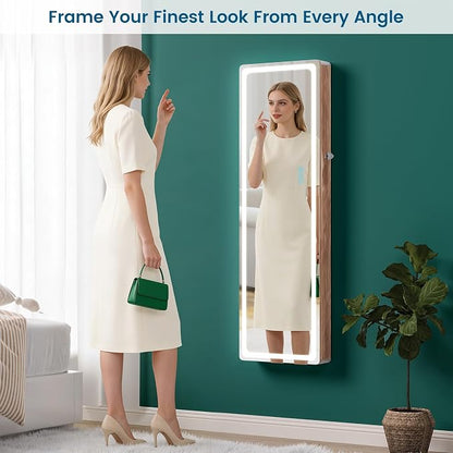 HNEBC Full Length Mirror with Storage, Wall Mounted Jewelry Cabinet with RGB Lights & Remote, Lockable Over Door Jewelry Organizer with Drawer, Foldout Makeup Tray 47.2" Hx14.5 Wx3.9 D, Natural