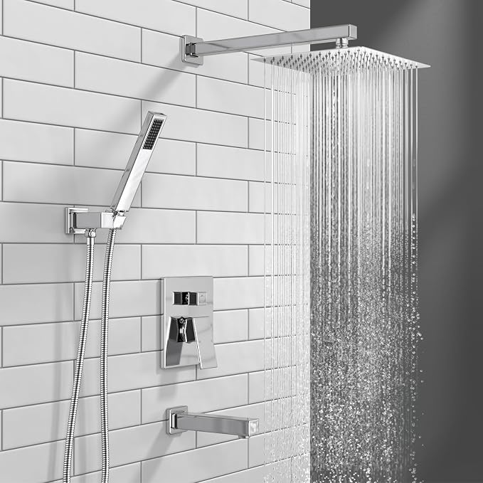 Lava Odoro Modern 3-Setting Square Shower and Tub Faucet Set with Shower Head and Handheld Sprayer Chrome, Rainfall Shower System with Tub Spout, Shower Valve Trim Kit, Chrome, SF103-C-T