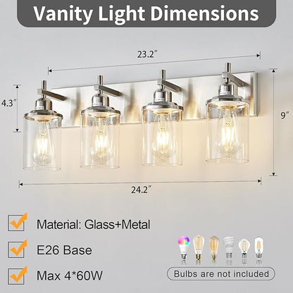 4-Light Brushed Nickel Bathroom Light Fixture Over Mirror Modern Bathroom Vanity Light Vintage Wall Lighting with Clear Glass Shade for Bathroom, Bedroom, Hallway, Cabinet
