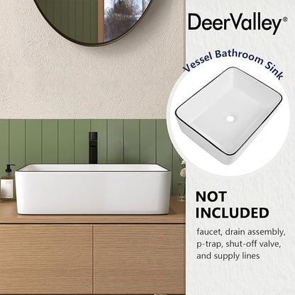 DeerValley 19x15 Inch White and Black Rectangular Vessel Sink, Porcelain Ceramic Above Counter Bathroom Vanity Basin, Modern Art Design, DV-1V0002