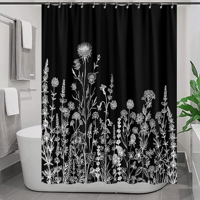 Vintage Black and White Boho Shower Curtain, Black and White Dark Floral Aesthetic Dark Wildflower Botanical Flowers Shower Curtain for Bathroom with Hook,Farmhouse Plant Art Chic Shower Curtain 60X72