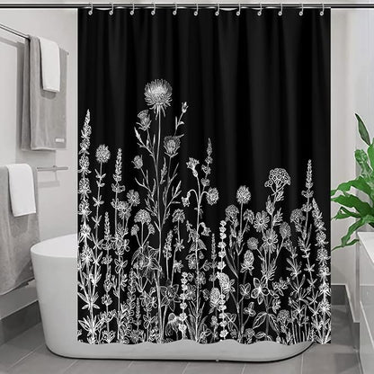 Vintage Black and White Boho Shower Curtain, Black and White Dark Floral Aesthetic Dark Wildflower Botanical Flowers Shower Curtain for Bathroom with Hook,Farmhouse Plant Art Chic Shower Curtain 60X72