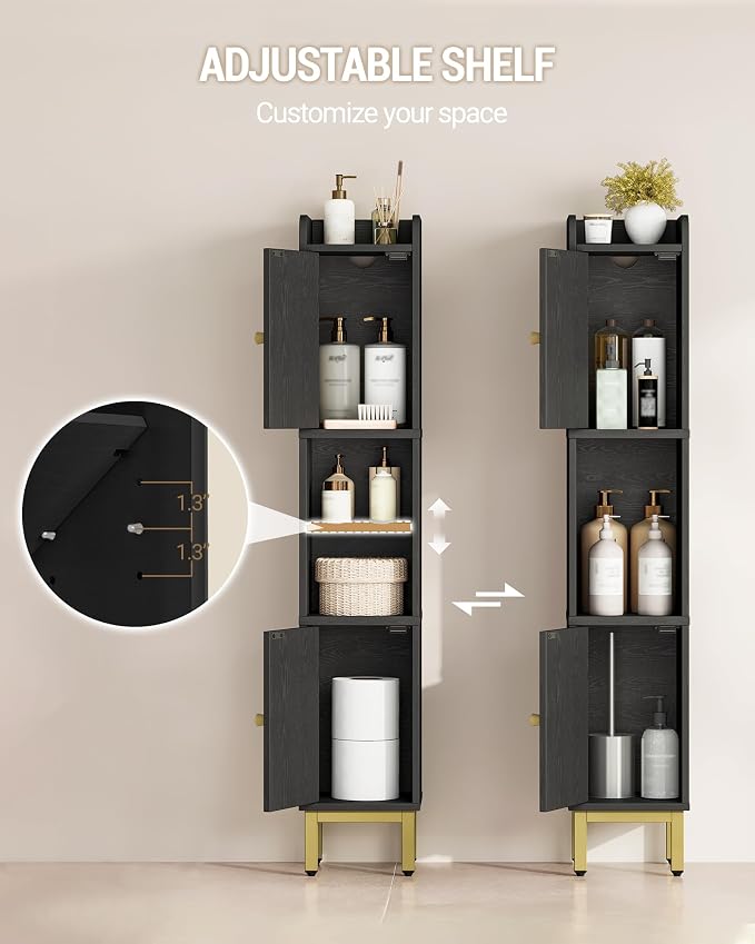 Hzuaneri Slim Bathroom Storage Cabinet, Narrow Bathroom Organizers,2 Doors | Narrow Bathroom Storage with 4 Adjustable Feet, Laundry Room Organization for Small Space,Kitchen, Black BC22404G