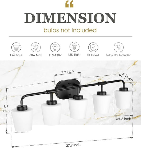 Bathroom Light Fixtures Over Mirror, 5-Light Matte Black Vanity Lighting Fixtures with Milk White Glass, 38inch Farmhouse Wall Sconces Lighting, AD-22004-5W-BK