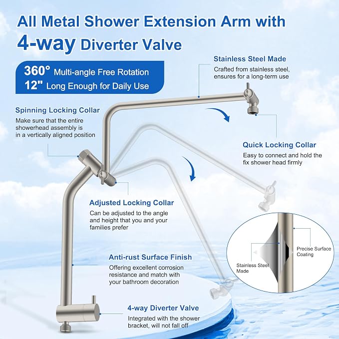 Metal 10" Filtered Rainfall Showerhead Combo, Easy Reach, Brushed Nickel | 4-Way Diverter with Pause Mode, High Pressure Shower Head with 10-Spray Handheld, 71" Hose/12" Extension Arm/Holder