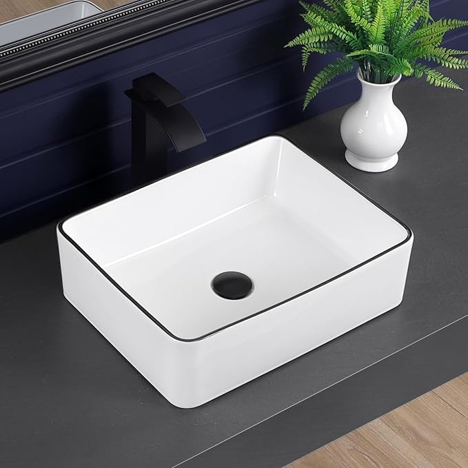 19"x15" Vessel Sink Bathroom Sink Rectangular Modern White with Black Trim Porcelain Ceramic Above Counter Vanity Sink for Bathrooms Art Basin