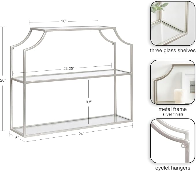 Kate and Laurel Ciel Modern Glam Wide Two-Tier Wall Shelf, 24 x 20, Silver, Tiered Bathroom Shelves for Over the Toilet Storage or Bedroom Makeup Organizer