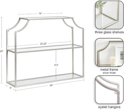 Kate and Laurel Ciel Modern Glam Wide Two-Tier Wall Shelf, 24 x 20, Silver, Tiered Bathroom Shelves for Over the Toilet Storage or Bedroom Makeup Organizer