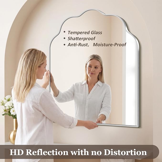 Scalloped Arched Mirror, 30×36Inch Silver Bathroom Mirror, Wavy Wall Mounted Vanity Mirror with Aluminum Alloy Frame for Livingroom Bedroom and Entryway, Tempered Glass