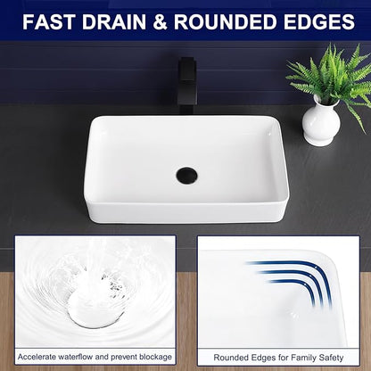 Vessel Sink 24"x14" Rectangular Bathroom Sink Modern White Porcelain Ceramic Above Counter Drop-in Vanity Sink for Bathrooms Art Basin