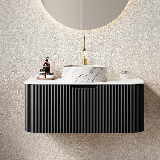 36'' Bathroom Vanities Cabinet with Sink Combo, Wall Mounted Floating Cabinet W/Curved Edges Stripes, Oak Plywood, Soft-Close System with a Drawer, White Round Ceramic Basin - Kiel, Black/S