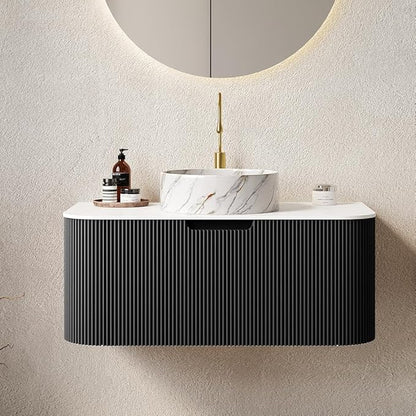 36'' Bathroom Vanities Cabinet with Sink Combo, Wall Mounted Floating Cabinet W/Curved Edges Stripes, Oak Plywood, Soft-Close System with a Drawer, White Round Ceramic Basin - Kiel, Black/S