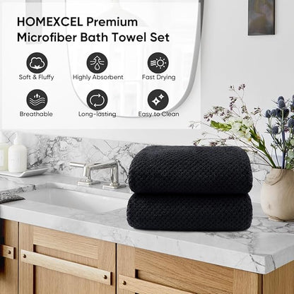 HOMEXCEL Bath Towels Pack of 2, (27 x 54 Inches) Microfiber Ultra Soft Highly Absorbent Bath Towel Set, Lightweight and Quick Drying Towels for Body, Sport, Yoga, SPA, Fitness, Black