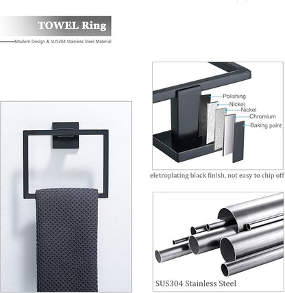 10-PCS 23.6inch Bathroom Towel Bar Set,Include 2pcs 23.6" Towel Holder,2pcs Hand Towel Ring,2pcs Toilet Paper Holder,4pcs Robe Hook-Matte Black