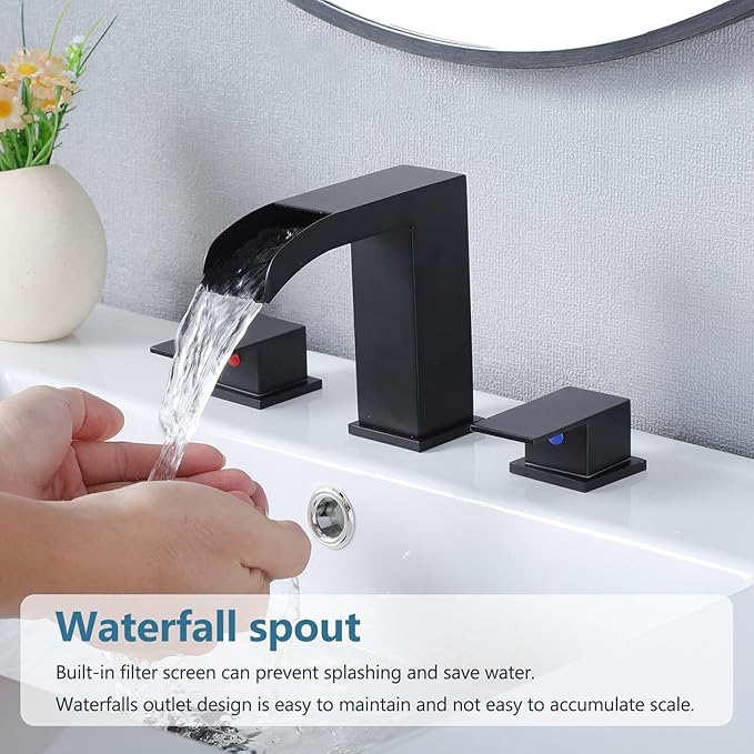 Black Bathroom Faucet 3 Hole, 8 Inch Widespread Waterfall Bathroom Sink Faucet, Matte Black Vanity Faucet with Pop-Up Drain and Hoses for Bathroom Sink Vanity Rv