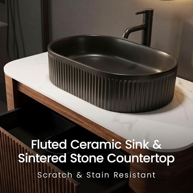 36" Preassembled Floating Bathroom Vanity with Black Sink, Walnut | Mid-Century Modern Style, Fluted & Soft-Close Drawer with U-shaped Wall, Sinterted Stone Countertop, Towel Rack Included