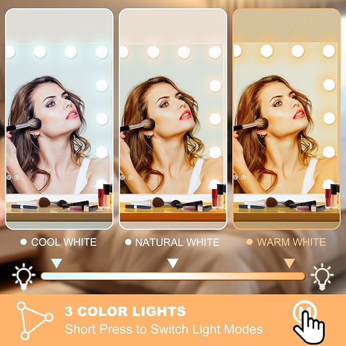 Moonee Vanity Mirror with Lights, Hollywood Lighted Makeup Mirror with 24 Dimmable Bulbs and 10X Magnification, 3 Colors Modes, Aluminum Metal Frame, Light Up Mirror for Tabletop/Wall（48" x 30"）