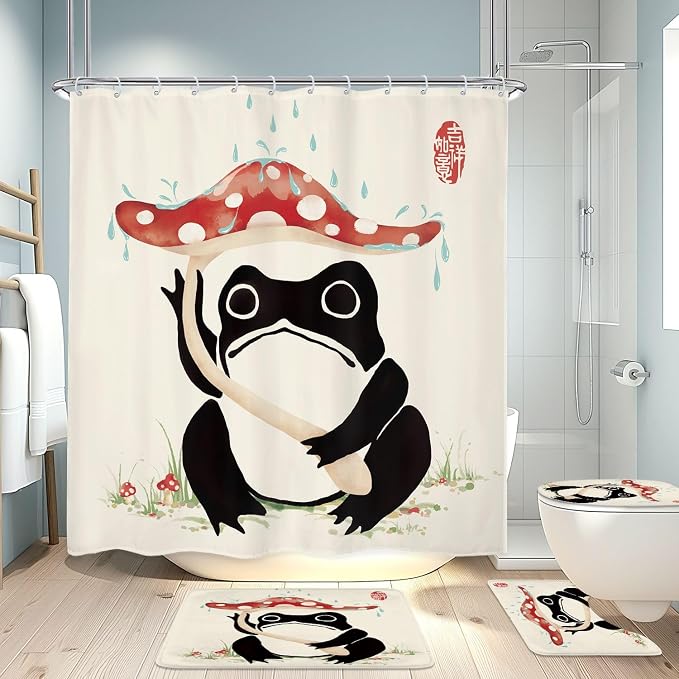 4PCS Funny Frog 71Wx71H Inches Mushroom Asian Grassland Japanese Shower Curtain Sets with Rugs, Toilet Lid Cover and Bath Mat, Traditional Bath Accessories Art Home Decor Fabric 12 Pack Hooks