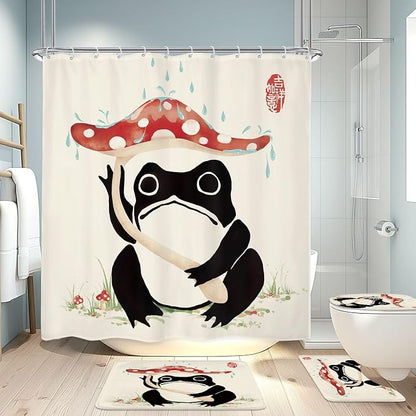4PCS Funny Frog 71Wx71H Inches Mushroom Asian Grassland Japanese Shower Curtain Sets with Rugs, Toilet Lid Cover and Bath Mat, Traditional Bath Accessories Art Home Decor Fabric 12 Pack Hooks