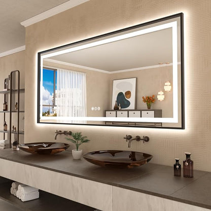LED Bathroom Mirror, 84"X40" Front Lit and Backlit with Black Frame | Metal Framed Mirror, Stepless Dimmable, HD Reflection, Anti-Fog, Shatter-Proof, Memory, 3 Colors Lighting, UL Listed.